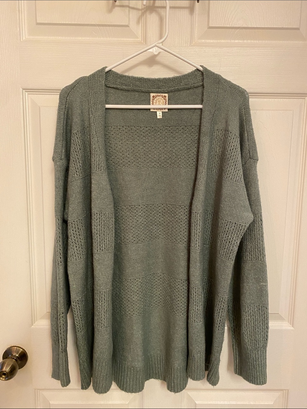 Open-Front  Greenish Gray Knit Cardigan with Textured Panels